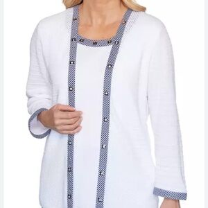 💙Alfred Dunner PM White Shell-Attached Cardigan w/Gingham Trim & Silver Grommets